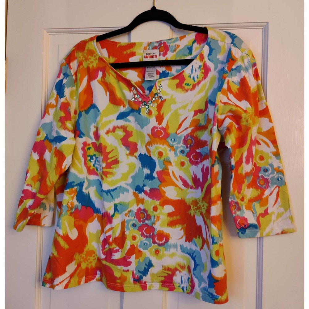Vibrant Ruby Rd Favorites Shirt w Rhinestones Sz XXL